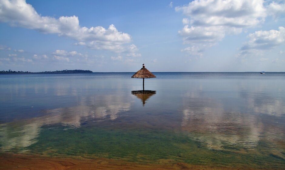 Lake with boat in Uganda