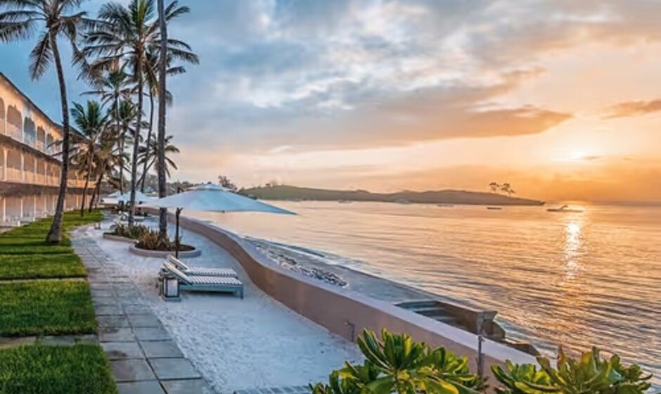 Hotel, gardens, beach, sea and sunset